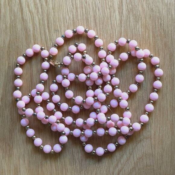 Vintage Beaded Necklace, Rope Length, Box Clasp, Pink & Gold Tone - Picture 7 of 15